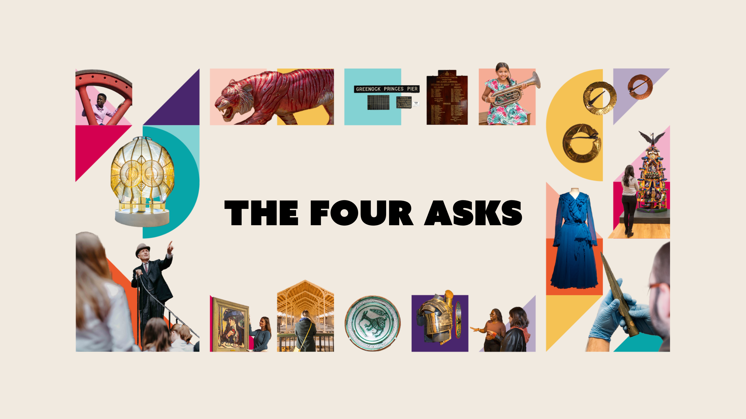 Text reading: "The Four Asks" on a beige background, surrounded by colourful blocks and images of museum objects and visitors.