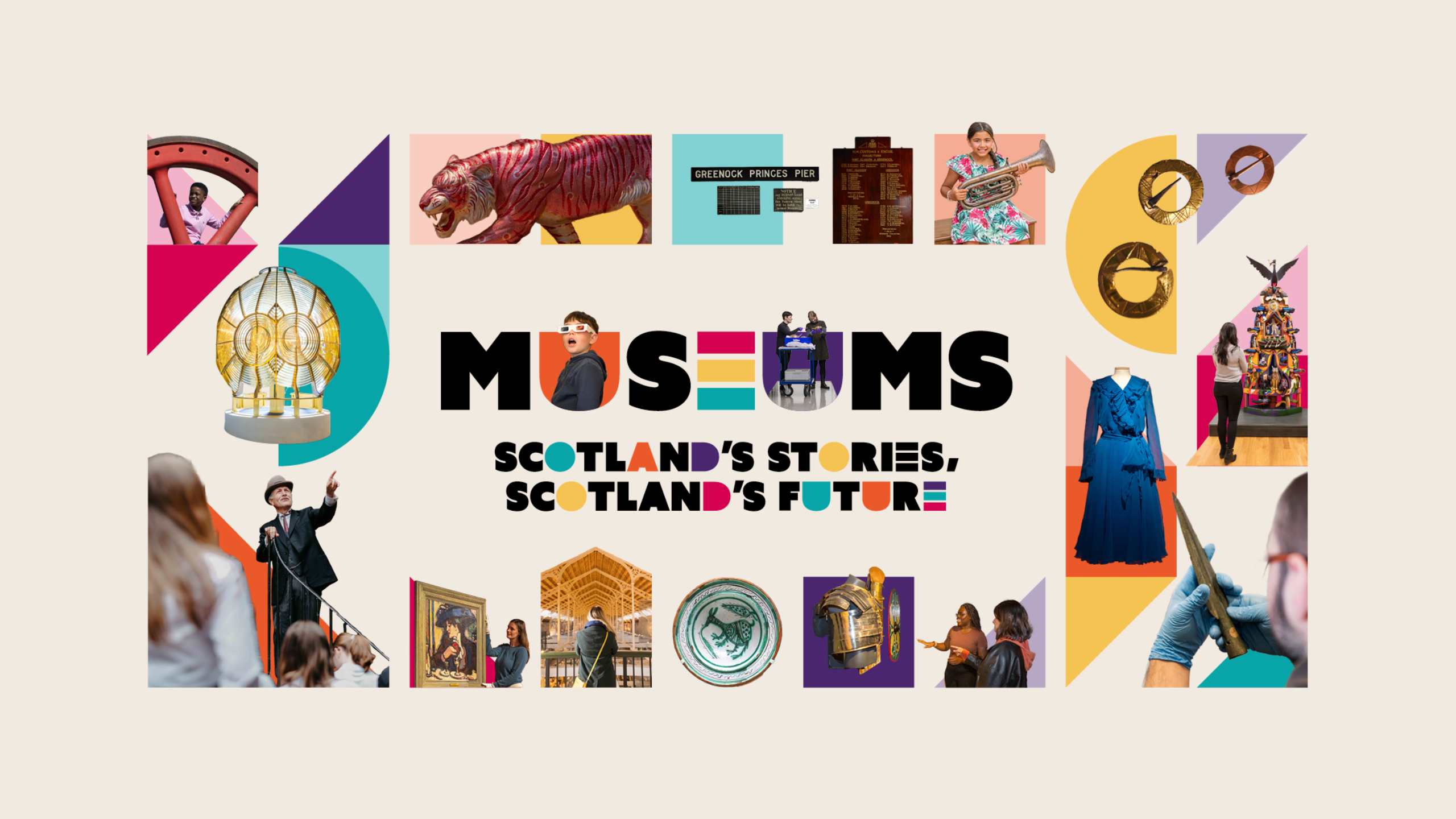 Text reading "Museums: Scotland's Stories, Scotland's Future" on a beige background, surrounded by colourful blocks and images of museum objects and visitors.