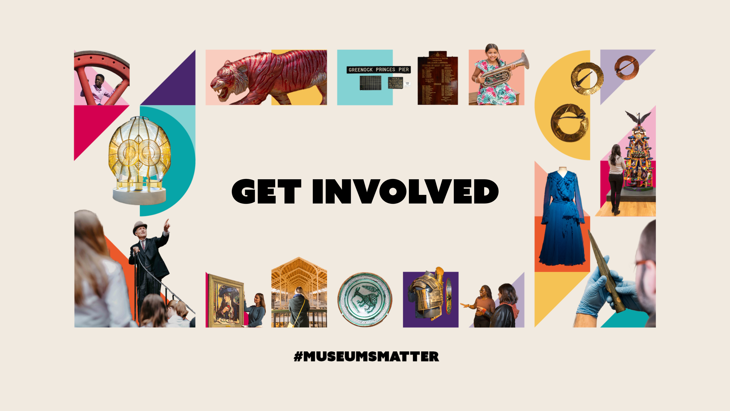 Text reading "Get Involved" on a beige background, surrounded by colourful blocks and images of museum objects and visitors.