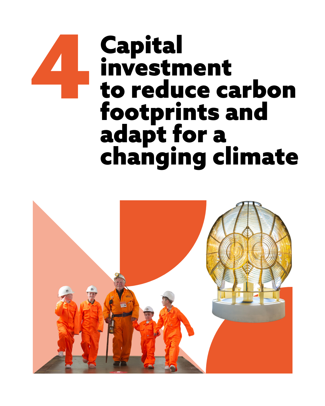 Text reading "4: Capital investment to reduce carbon footprints and adapt for a changing climate". Below is an image of an adult and four children in orange jumpsuits and white hard hats, walking side by side.