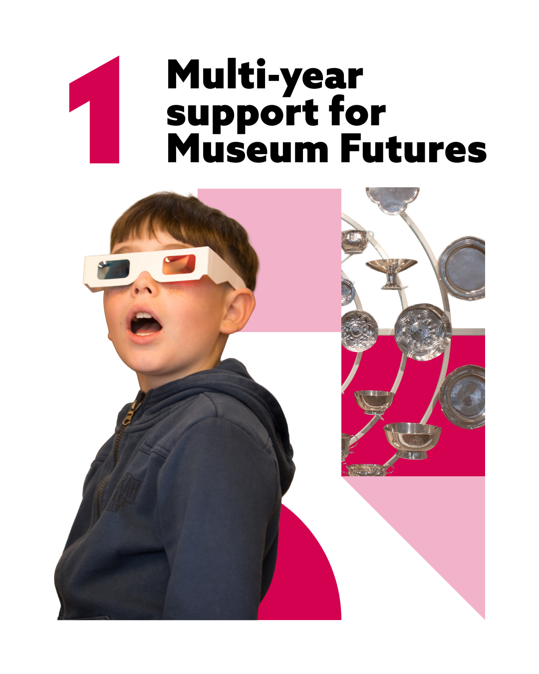Text reading "1: Multi-year support for Museum Futures" above an image of a child with light skin and brown hair wearing 3D glasses.