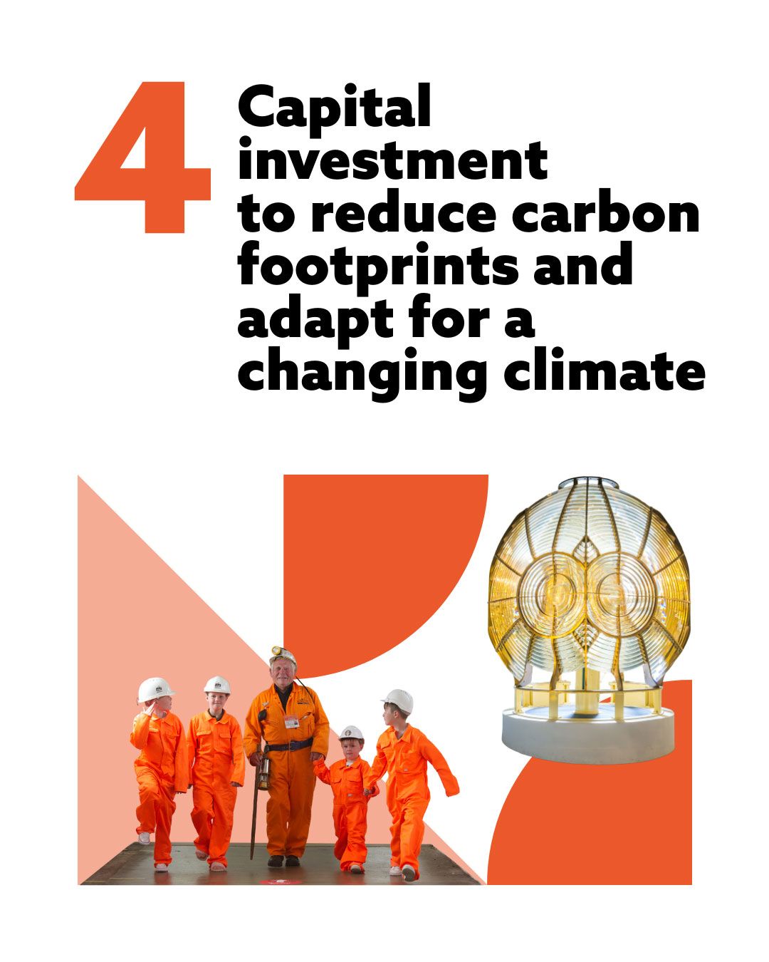 Text reading "4: Capital investment to reduce carbon footprints and adapt for a changing climate". Below is an image of an adult and four children in orange jumpsuits and white hard hats, walking side by side.