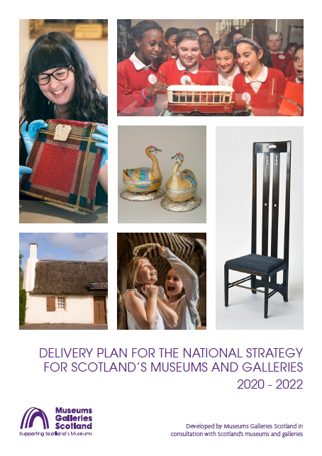 The cover of the third delivery plan for the National Strategy for Scotland's museums and galleries. It features a collage of museum objects and people in museums.