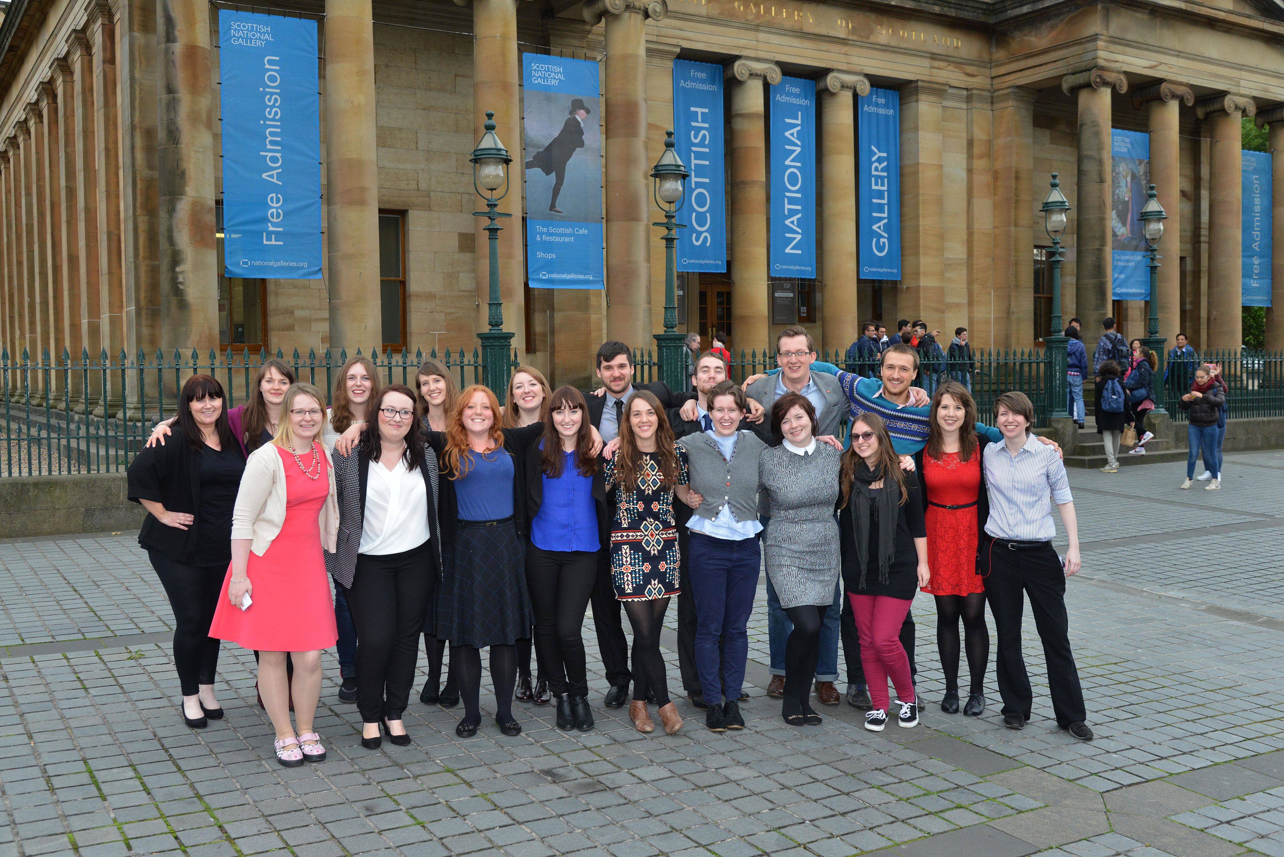 Participants of the MGS Interns programme standing together in front of the Scottish National Gallery.